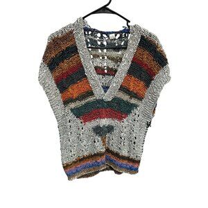 Disan Leather Medium Hand Crocheted Multicolor Striped V Neck Sweater Vest Bohem